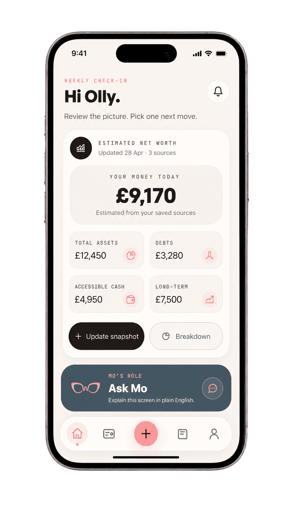 WealthMotley home screen showing a weekly money snapshot