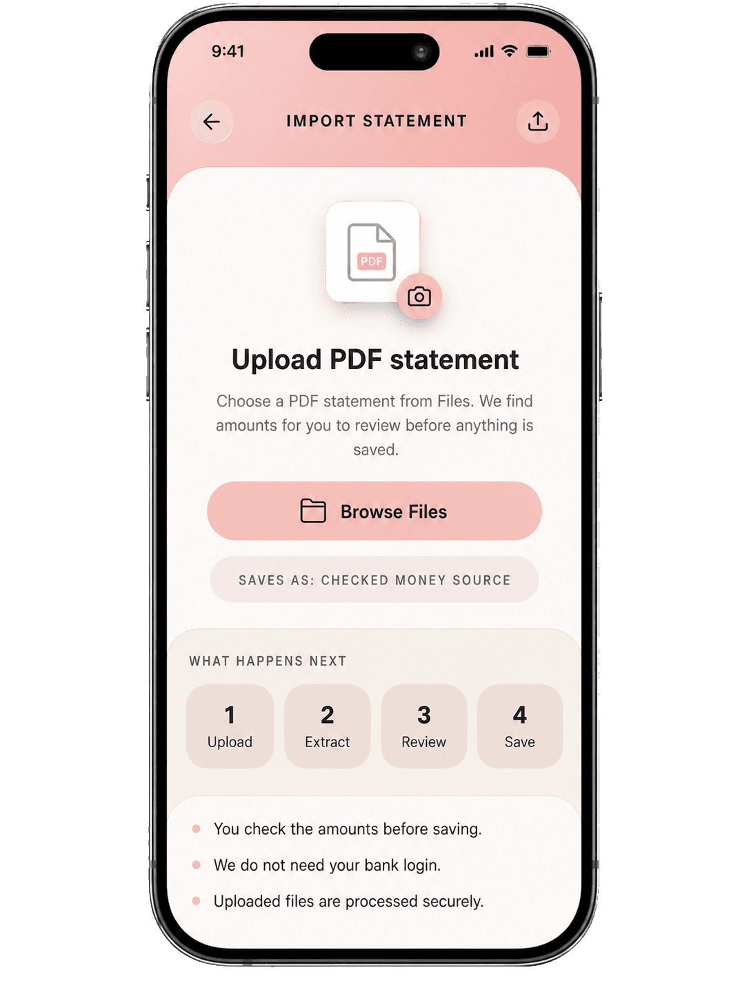 WealthMotley statement upload screen showing PDF review before saving