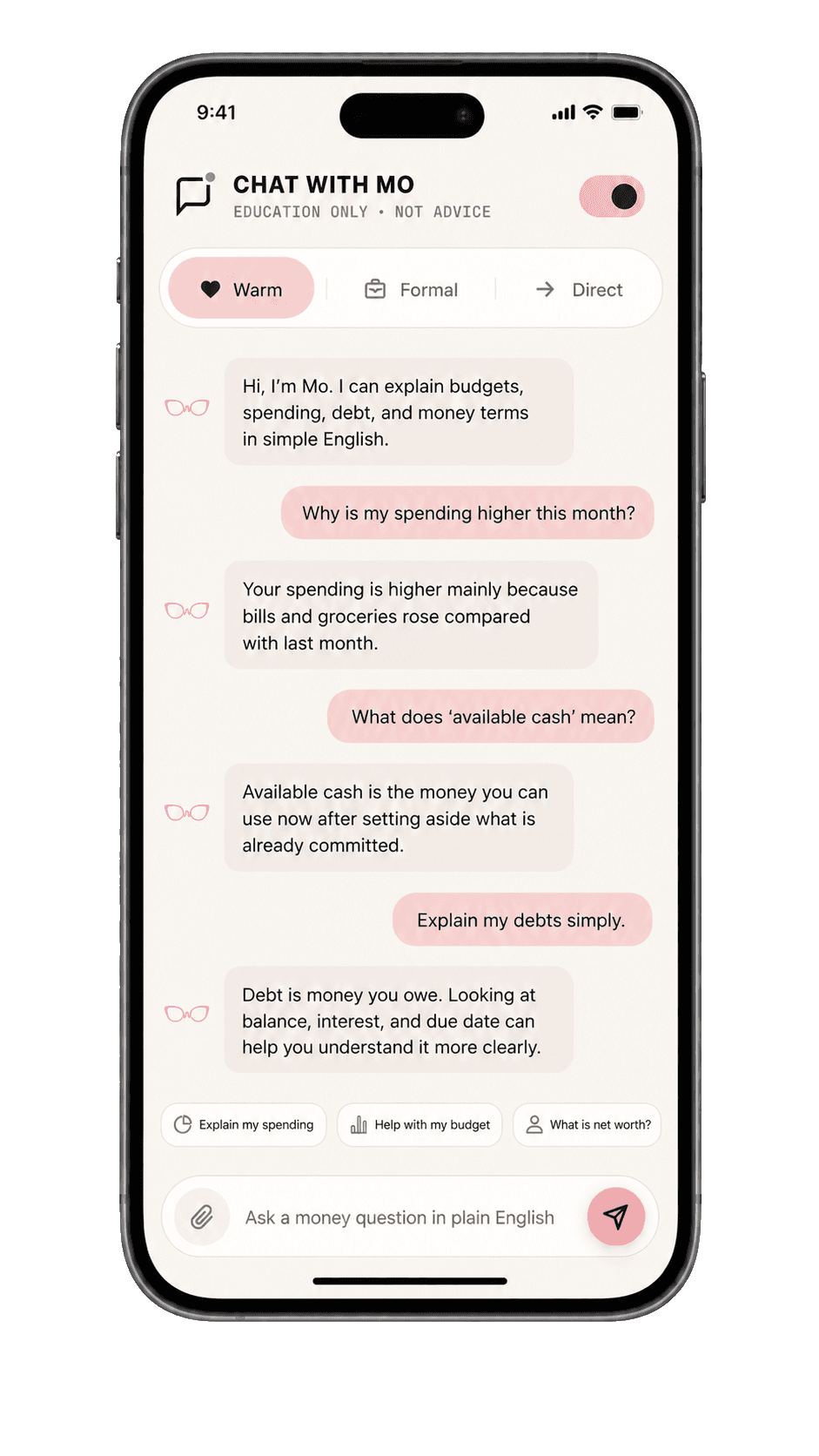 WealthMotley Mo chat screen explaining money in plain English