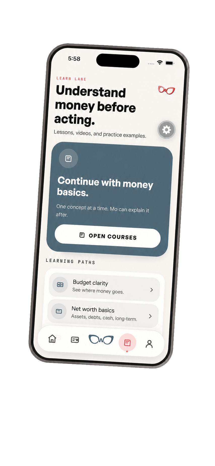 WealthMotley learn screen with money basics and learning paths