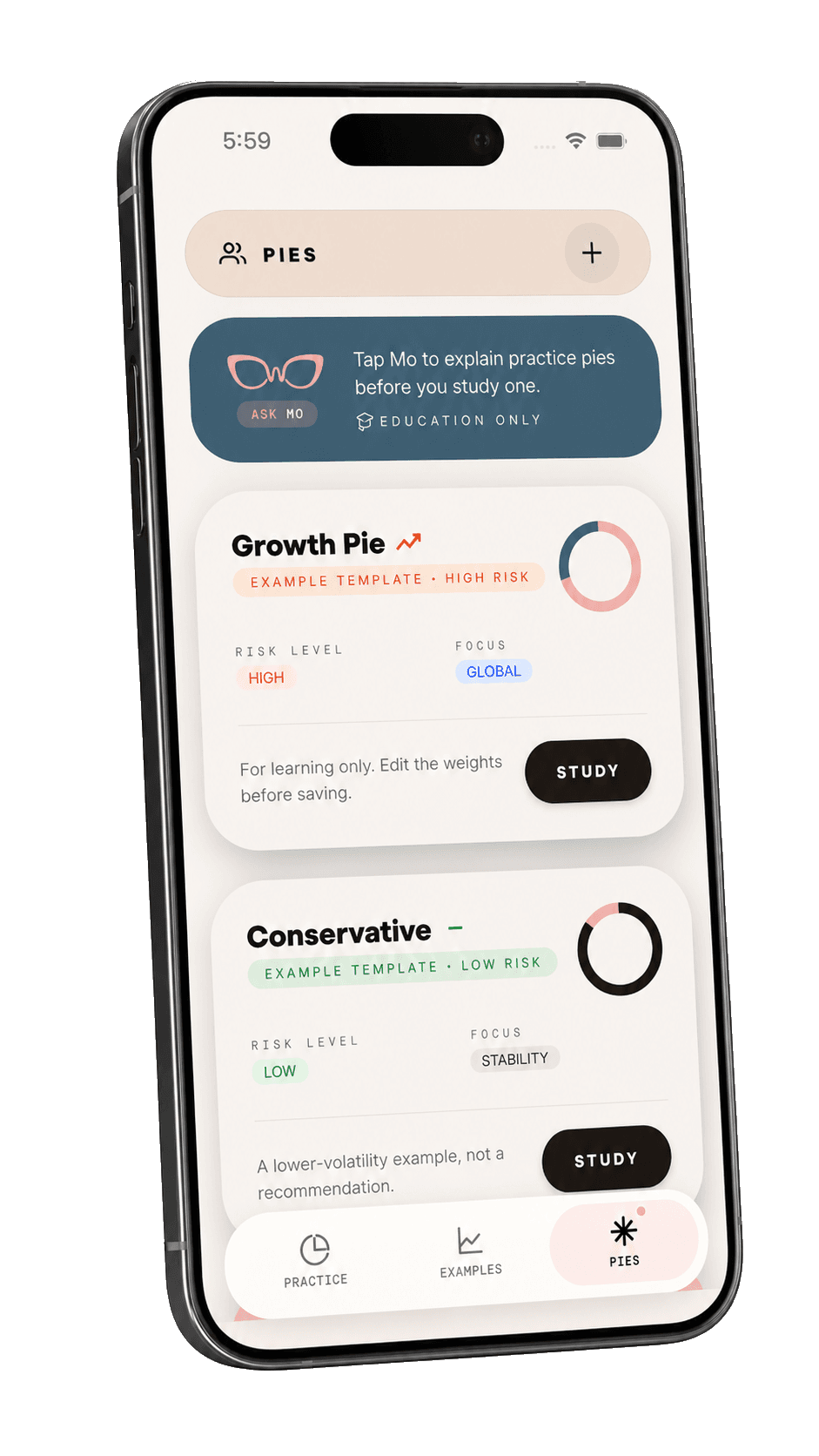 WealthMotley practice pies screen using virtual examples only